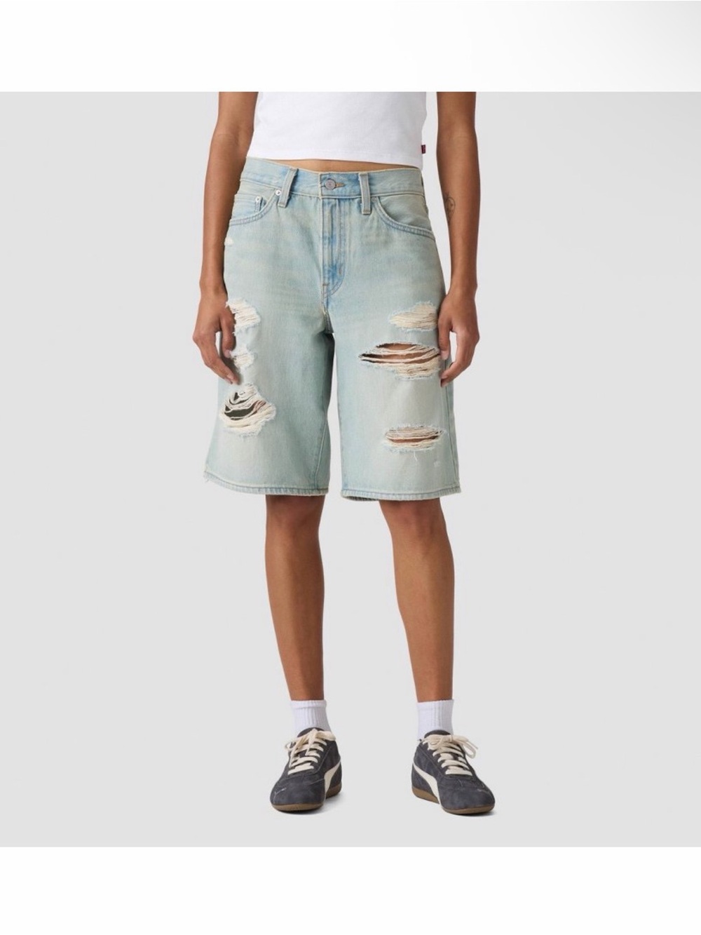 Levis Middy Wash Distressed Denim Shorts
